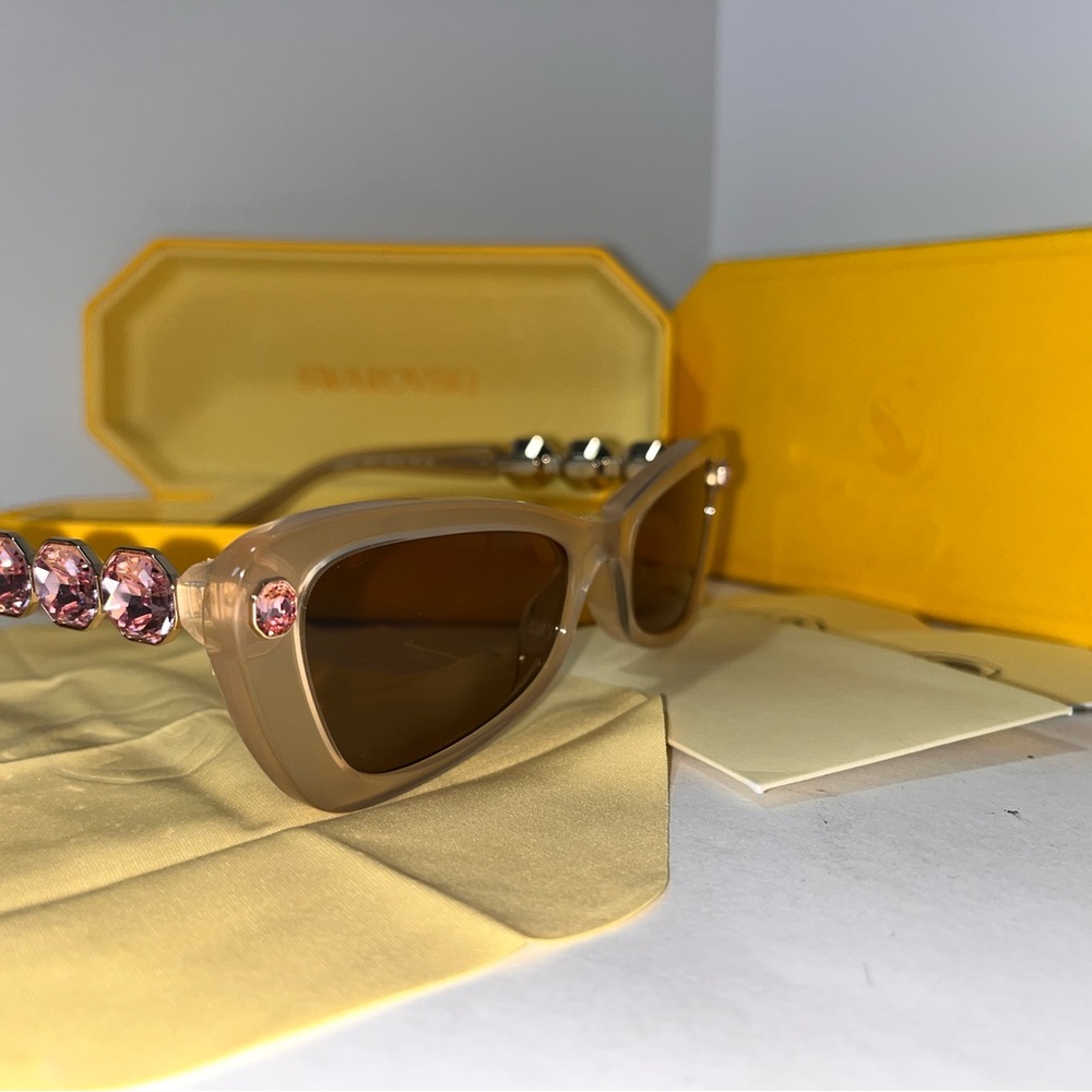 Swarovski Tan and Pink Cat-Eye Glasses with Crystal Embellishments